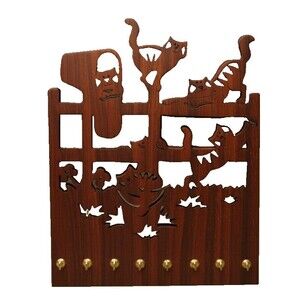 Handmade Sapele Cat Fretwork Key Holder | Exotic Wood Wall Plaque | 8 Brass Hook